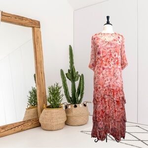 Johnny Was 3/4 Sleeve Yours Truly Floral Ruffle Silk Maxi Dress